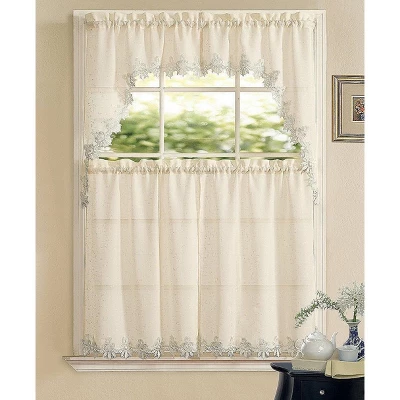 Kate Aurora Country Farmhouse Living Complete 4 Piece Orchard Sheer Embroidered Kitchen Curtain Tier & Swag Valance Set - Beige 3 Kate Aurora Country Farmhouse Living Complete 4 Piece Orchard Sheer Embroidered Kitchen Curtain Tier & Swag Valance Set - Beige