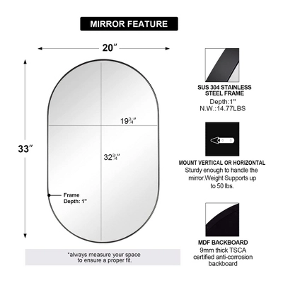 ANDY STAR Modern Decorative 20 X 33 Inch Oval Pill Wall Mounted Hanging Bathroom Vanity Mirror With Stainless Steel Metal Frame, Matte Black 6 ANDY STAR Modern Decorative 20 X 33 Inch Oval Pill Wall Mounted Hanging Bathroom Vanity Mirror With Stainless Steel Metal Frame, Matte Black - Image 4