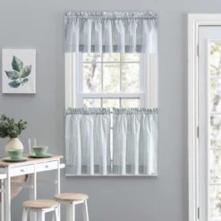 Ellis Curtain Plaza Classic Ticking Stripe Printed On Natural Ground 1.5" Rod Pocket Tailored Tiers Blue