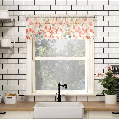 Rosalind Watercolor Floral Semi-Sheer Rod Pocket Kitchen Curtain Valance And Tiers Set Poppy Red - No. 918 7 Rosalind Watercolor Floral Semi-Sheer Rod Pocket Kitchen Curtain Valance And Tiers Set Poppy Red - No. 918 - Image 5