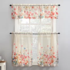 Rosalind Watercolor Floral Semi-Sheer Rod Pocket Kitchen Curtain Valance And Tiers Set Poppy Red - No. 918