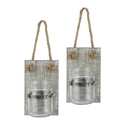 Set Of 2 3.3" X 5.5" Rustic Wooden Mason Jar Wall Sconce Set Worn White/Brown - Stonebriar Collection 3 Set Of 2 3.3" X 5.5" Rustic Wooden Mason Jar Wall Sconce Set Worn White/Brown - Stonebriar Collection