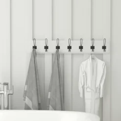 Flash Furniture Daly Wall Mounted 34 Inch Solid White Pine Wood Storage Rack With 7 Hooks For Entryway, Kitchen, Bathroom -Home Decor Store GUEST 6153fc8e 452d 480f b56e d02da1d6a1ce