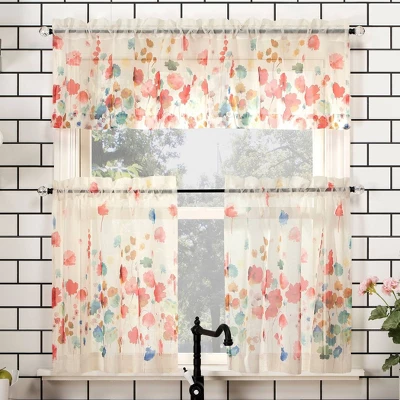 Rosalind Watercolor Floral Semi-Sheer Rod Pocket Kitchen Curtain Valance And Tiers Set Poppy Red - No. 918 8 Rosalind Watercolor Floral Semi-Sheer Rod Pocket Kitchen Curtain Valance And Tiers Set Poppy Red - No. 918 - Image 6