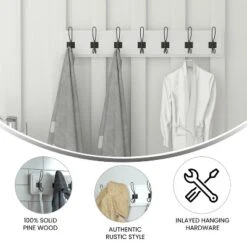 Flash Furniture Daly Wall Mounted 34 Inch Solid White Pine Wood Storage Rack With 7 Hooks For Entryway, Kitchen, Bathroom -Home Decor Store GUEST 831f5902 9bb6 4e8e 93d5 5a436adbacea