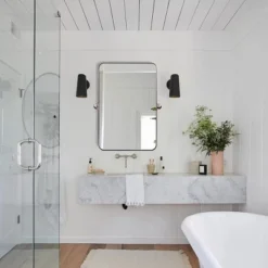 ANDY STAR 20 Inch Tall By 30 Inch Wide Rectangular Tilting Modern Floating Vanity Mirror With Rounded Edges And Adjustable Wall Mounts, Brushed Nickel -Home Decor Store GUEST b13217c8 192e 4790 a859 e83c18e7d267