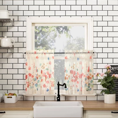 Rosalind Watercolor Floral Semi-Sheer Rod Pocket Kitchen Curtain Valance And Tiers Set Poppy Red - No. 918 4 Rosalind Watercolor Floral Semi-Sheer Rod Pocket Kitchen Curtain Valance And Tiers Set Poppy Red - No. 918 - Image 2