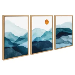 Home Decor Store 20 (Set Of 3) 18" X 24" Sylvie Blue Mountain Range Framed Canvas Set Natural - Kate & Laurel All Things Decor